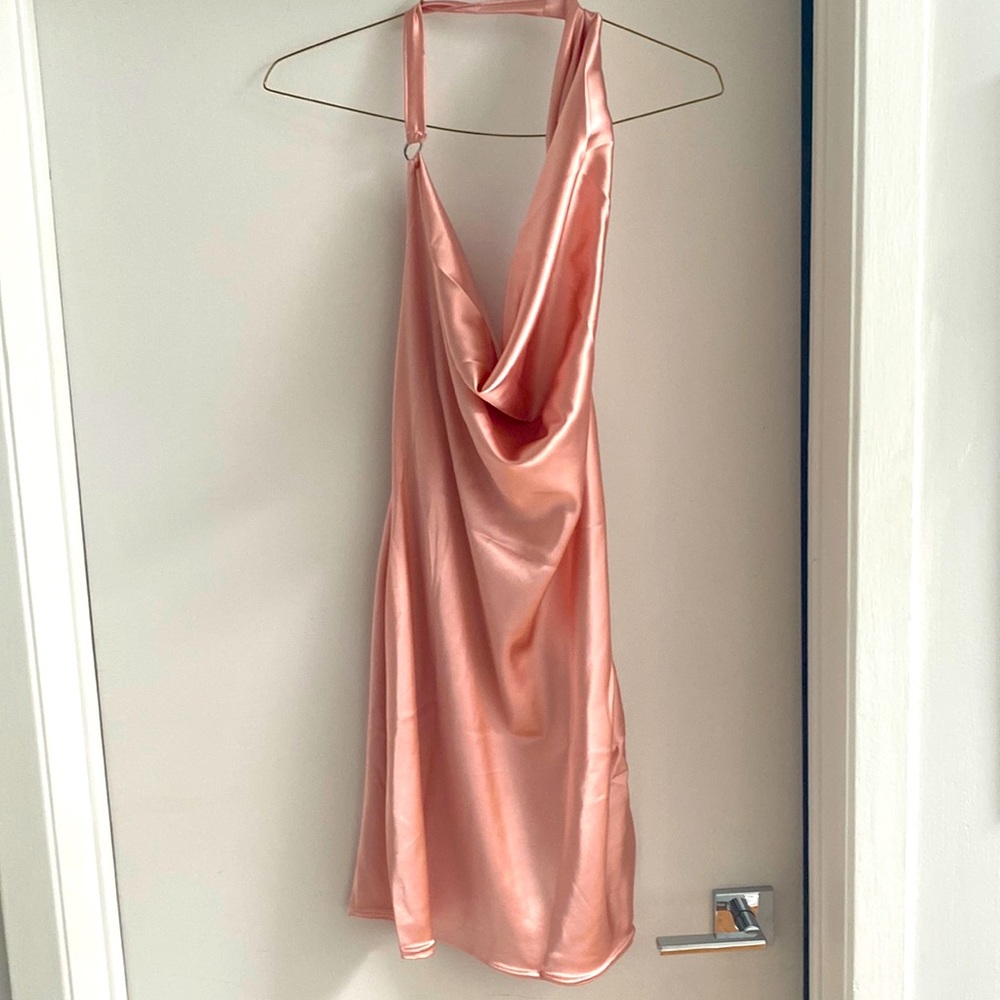 Pink Open Back Asymmetrical Satin Mini Dress
